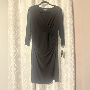 Lauren by Ralph Lauren Black Faux-Wrap Long Sleeve Sheath Dress